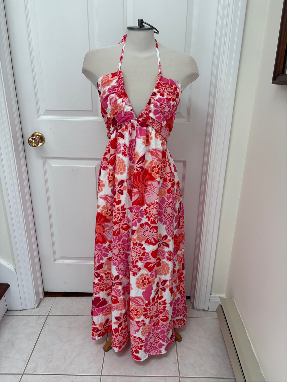 Tropical Halter Maxi Dress in Pink and Red Floral - Picture 2 of 7